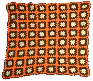 Handmade Crochet Granny Square Afghan Vtg Brown White Orange Throw Blanket Mcm