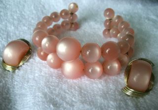 Vintage Coro Pink Moonglow Thermoset Lucite Clip Earrings And Bracelet