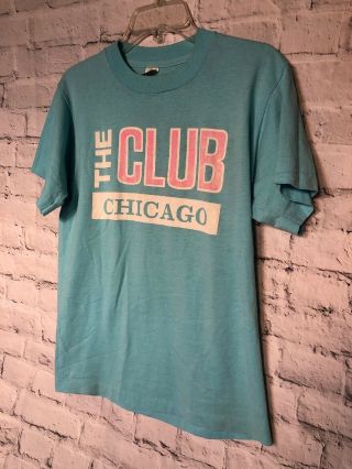 Vintage 80s The Club Chicago Bar Restaurant Light Blue T - Shirt Unisex Medium