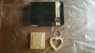Vintage Whiting & Davis Mesh Heart Key Chain & Compact Mirror Set Gold Tone