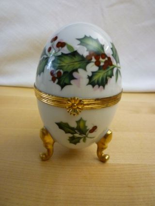 Vintage Limoges L.  Bernardaud Egg Shaped Holly & Berries Gold Footed Trinket Box