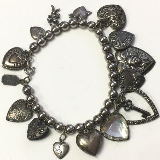 Vintage Pididdly Links Charm Bracelet Silver Tone Metal Beads Victorian Hearts