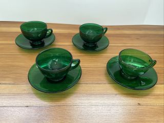 4 Vintage Depression Glass Anchor Hocking Forest Green Tea Cup And Saucer Set