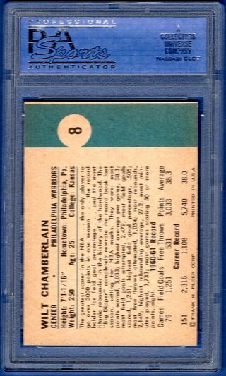 1961 Fleer Basketball 8 WILT CHAMBERLAIN RC Rookie PSA NMMT 8 MC Card 2