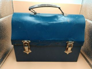 Vintage Unbranded Blue Metal Domed Lunch Box Pail 2 Double Stars