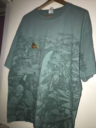 Vtg 90s Rainforest All Over Print Graphic T Shirt Frogs Birds Save Jungle Men Xl