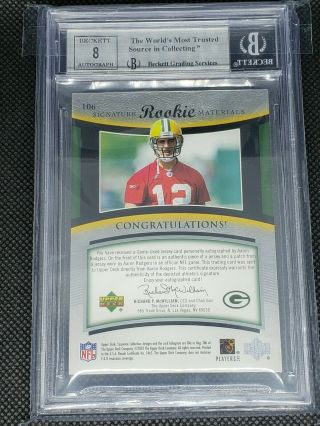 2005 UD Exquisite Aaron Rodgers RPA RC Rookie Jersey Patch /199 BGS 9.  Auto 8 2