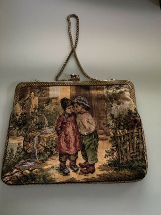 Vintage Tapestry Clutch Handbag Scenic Boy Girl Fountain Purse Shoulder Bag