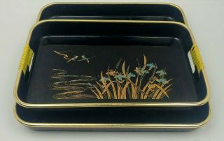 Vintage Black Lacquer Plastic Serving Trays 2 Pc Nesting Tray Set Floral Japan