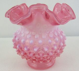 Vintage Fenton Art Glass Cranberry Opalescent Hobnail Vase Ruffle Top Pink