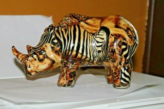 Vintage La Vie Rhino Animal Figurine African Safari Patchwork Print