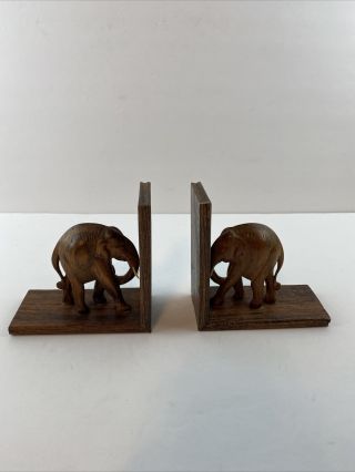 Vintage Set Of Elephant Bookends Hand Carved Wooden Small 4.  5 " India