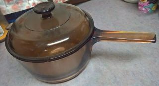 Vintage Corning Vision Ware 2.  5 L Amber Glass Pot Sauce Pan W/pyrex Lid Usa