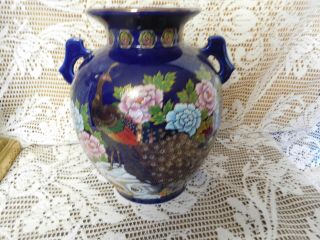 Vtg.  Cobalt Blue Porcelain Japan Vase 8 " Peacock Floral With Gold Trim