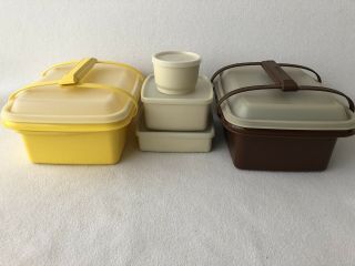 Vintage Tupperware Pak N Carry Lunch Box Yellow & Brown Set Of 2