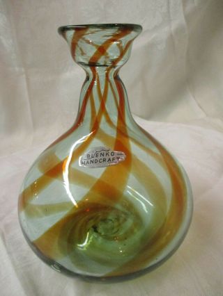 Vintage Blenko Glass Orange Green Swirl Vase Decanter With Tag