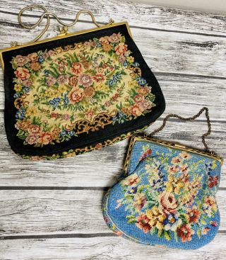 2 Vtg Petit Point Tapestry Purses Handbags Bag Floral Useful Art Unmarked