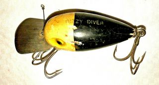 Heddon Dizzy Diver Wooden Lure Vintage Black and White With Stainless Steel Bill 2
