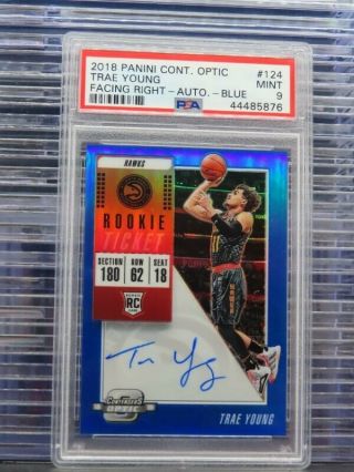 2018 - 19 Contenders Optic Trae Young Blue Rookie Ticket Auto /99 Psa 9 Hawks Q24