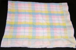 Vintage Pastel Plaid Acrylic Baby Blanket Nylon Trim Pink Blue Yellow White