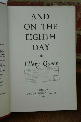 Ellery Queen AND ON THE EIGHTH DAY Gollancz 1st 1964 ex - library in d/j 3