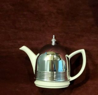 Vintage Hall China Co White Teapot With Silver Chrome Insulated Cozy Cover