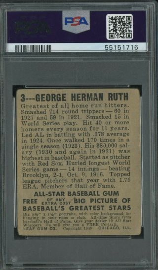 1948 Leaf 3 Babe Ruth York Yankees HOF PSA 1 Poor 