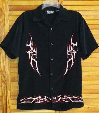 Dragonfly Men’s Shirt Small Black Embroidered Flames Short Sleeves Vintage