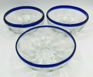 Set Of 3 Vintage Mexican Hand Blown Glass Cobalt Blue Rimmed Bowls 6 " D