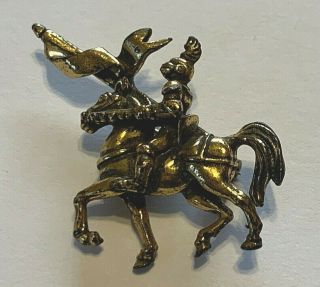 Vintage Metal Brooch Knight On Horse With Flag.