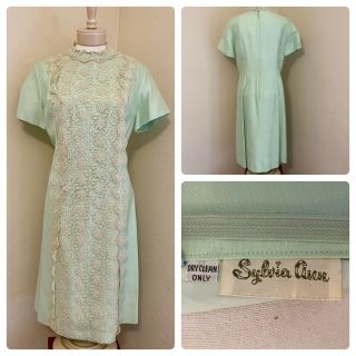 Vtg 50s 60s Sylvia Ann Green Silk W Lace Overlay Summer Dress Sz 16 L Rare