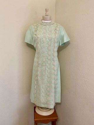 VTG 50s 60s Sylvia Ann Green Silk w Lace Overlay Summer Dress sz 16 L Rare 2