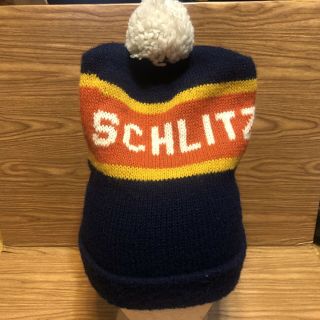 Vintage Schlitz Beer Ski Winter Knit Hat Cap W Pom Advertising Head Gear