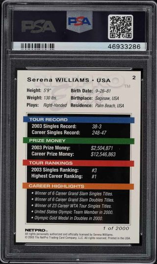 2003 Netpro Elite 2000 Serena Williams ROOKIE RC 2 PSA 9 2