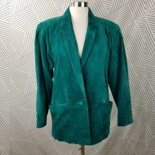 Vintage 80s Suede Leather Jacket Blazer Size Medium Coat Green Dolman Sleeve