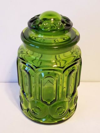 Vtg Le Smith Moon & Stars Green Canister / Apothcary Jar Ground Glass Lid 9 - 1/2 "