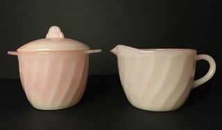 Vintage Fire King Pink Swirl Sugar Bowl And Creamer Set Vintage