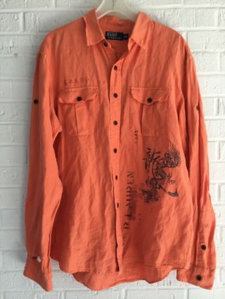 Vtg Rare Dragon Ralph Lauren Polo Mens Xl Linen Silk Shirt Button Down Ls Orange