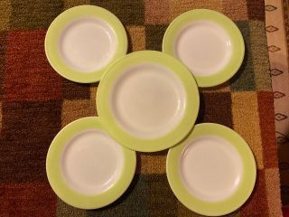 Rare Vintage Set Of 5 Pyrex Milk Glass Lime Green Rim 4 Salad 8 1/4”1 Dinner 10”