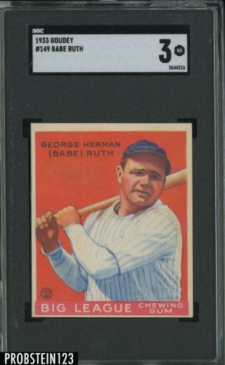 1933 Goudey 149 Babe Ruth York Yankees Hof Sgc 3 Vg " Sharp Corners "