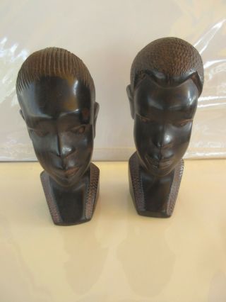 Vintage Carved Wood Statues Man Woman Couple Heads Faces African Tribal Heavy