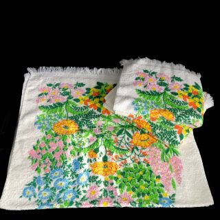 3 Dundee Bath Towels Floral Fringe Pink Yellow Blue 39” Vtg Mid Century