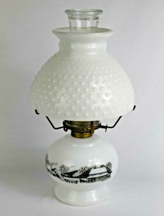 Vintage Currier And Ives Hurricane Table Oil Lamp - Hobnail Milk Glass Shade