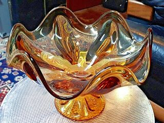 Vintage Mcm Viking Amber Glass 6 - Petal Swung Dish 6 " Tall 9 " Across Gorgeous