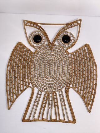 Vintage Wicker Rattan Woven Owl With Wooden Eyes Wall Hanging Boho Folk Art