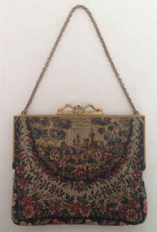 Vintage Victorian Jeweled Framed Floral/scenic Tapestry Purse Evening Bag
