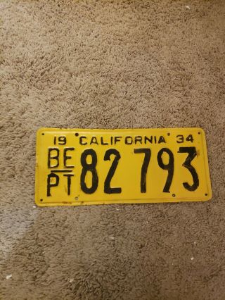 Vintage 1934 Be Pt California License Plate