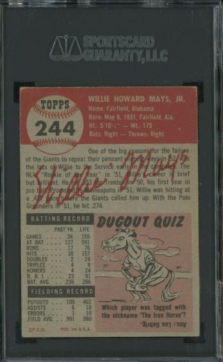1953 Topps 244 Willie Mays York Giants HOF HIGH SGC 50 VG - EX 4 2