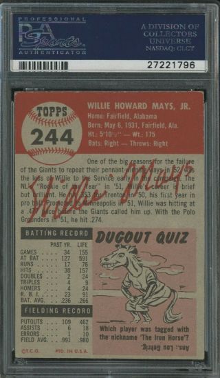 1953 Topps 244 Willie Mays York Giants HOF PSA 3.  5 VG,  