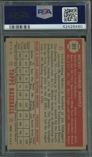 1952 Topps 311 Mickey Mantle Yankees RC Rookie HOF PSA 3 VG 